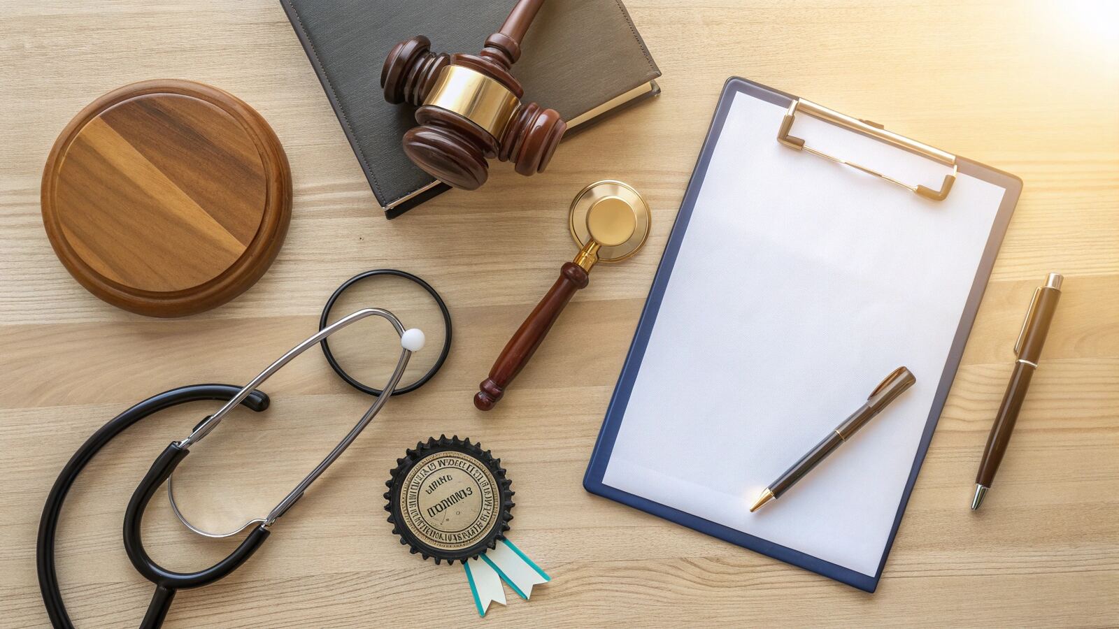 A gavel, stethoscope, magnifying glass and clipboard laid out on a desk