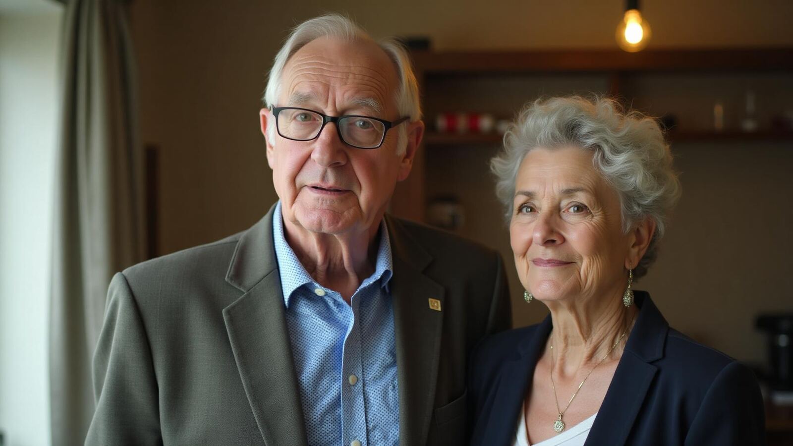 An older couple standing together in the living room of their home